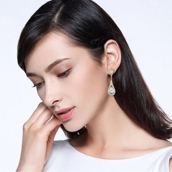 Yellow Gold with White Diamond Austrian Crystal Dual Dangling Teardrop Earrings - Picture 3 of 4